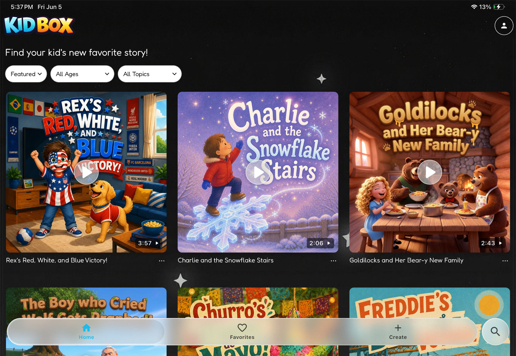 The Kidbox app home screen on an iPad, showing a grid of illustrated story covers