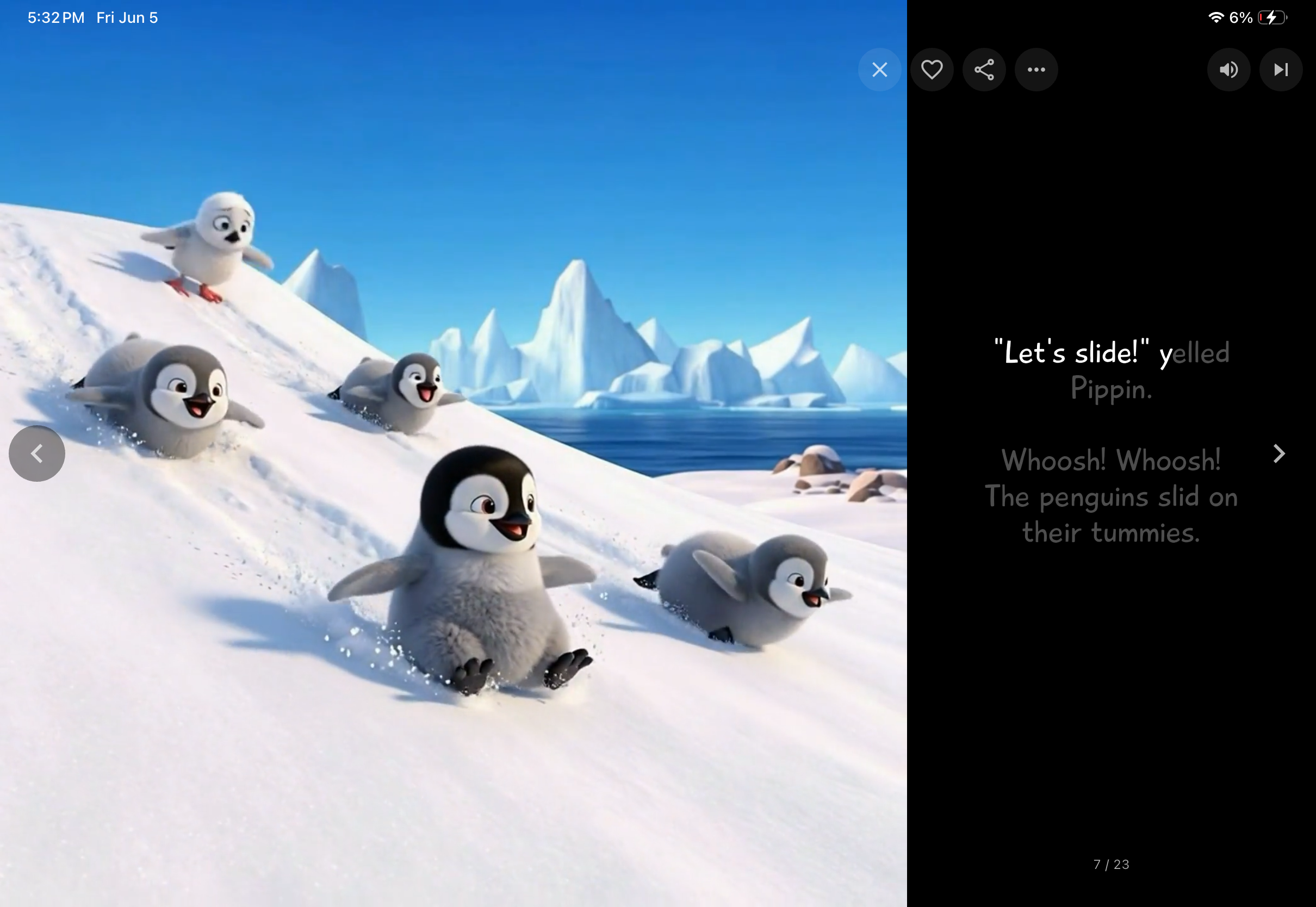 A Kidbox story open on an iPad, with an illustrated penguin scene beside the read-aloud text