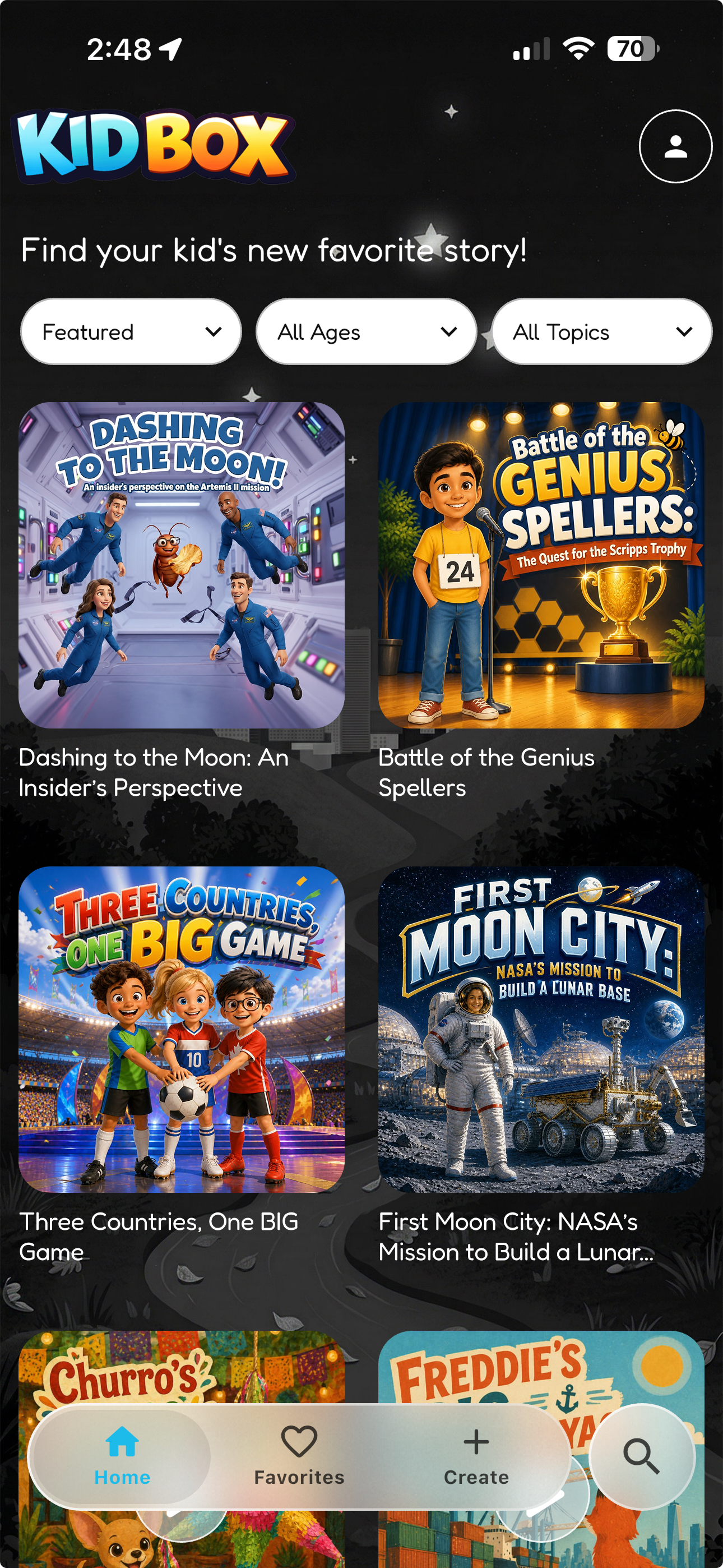 The Kidbox app home screen with a Kidbox News section at the top showing today's three story covers