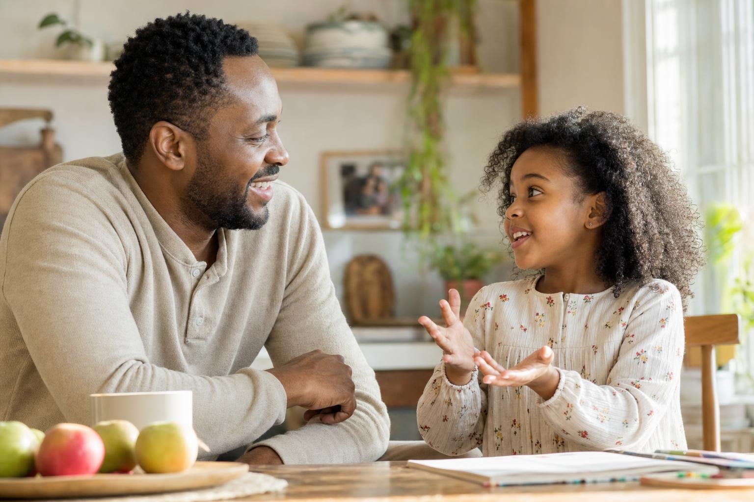 A girl excitedly telling her dad something she just learned at the kitchen table