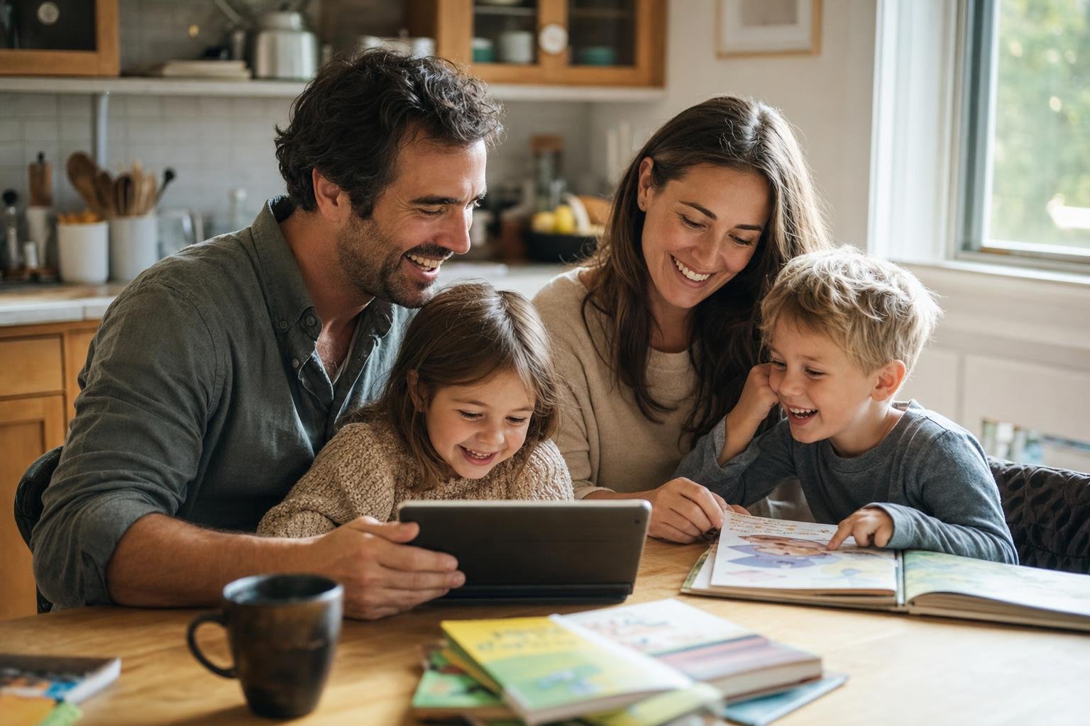 Parents reading an illustrated story with their kids at the kitchen table