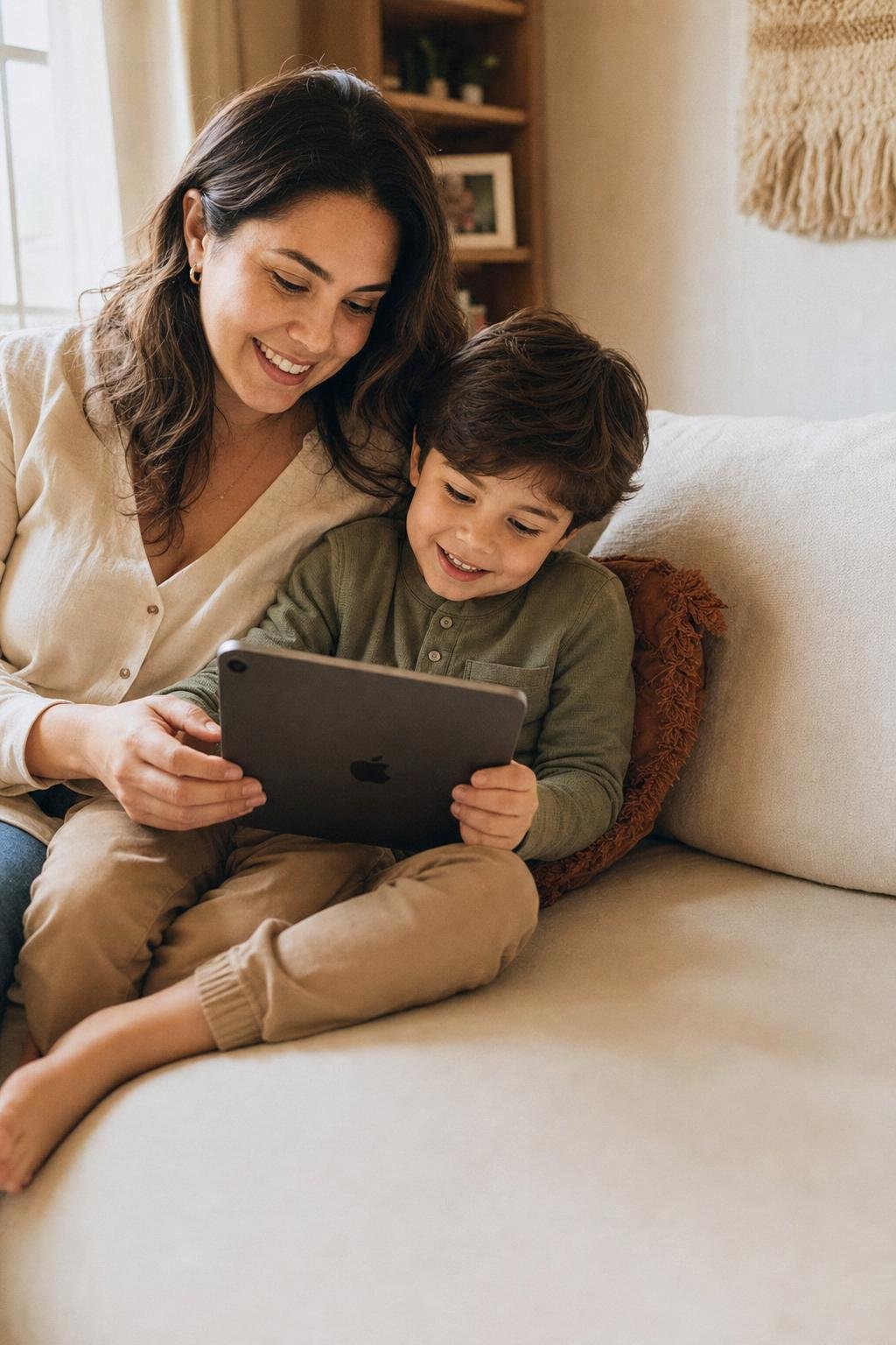 A mom and her young son leaning in together, smiling at an illustrated story on an iPad
